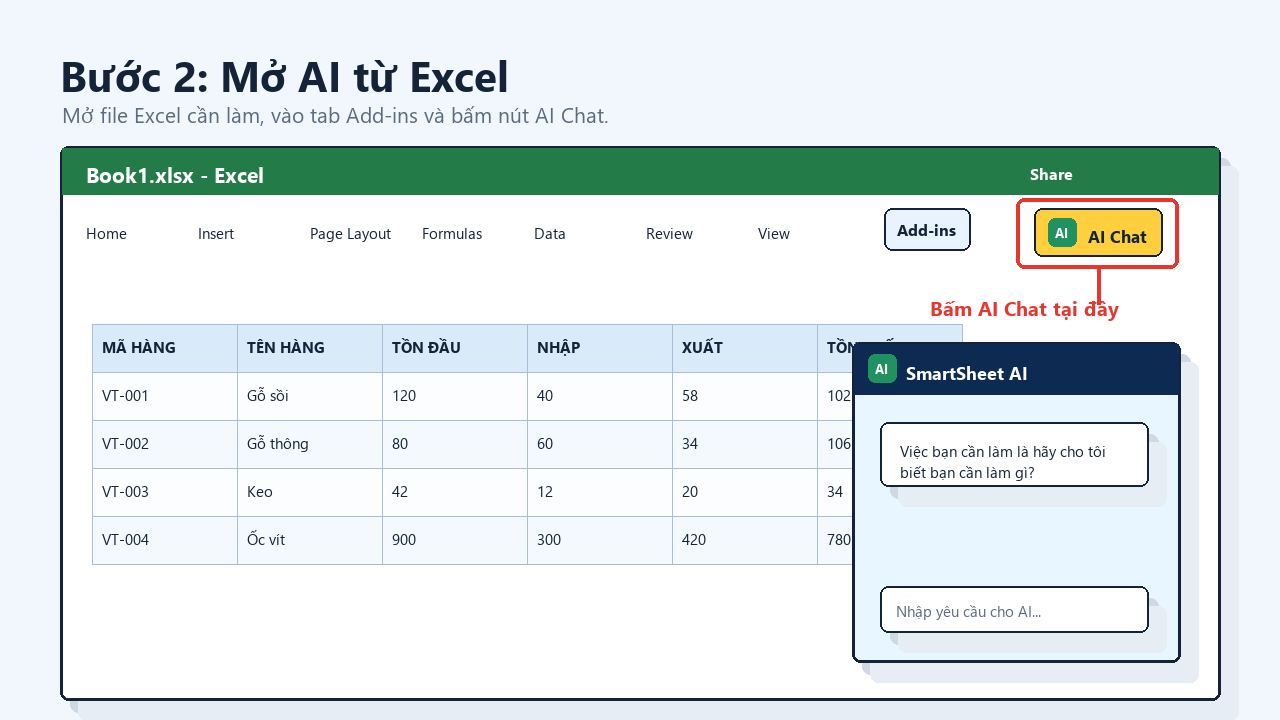 Minh họa mở SmartSheet AI từ tab Add-ins trong Microsoft Excel.